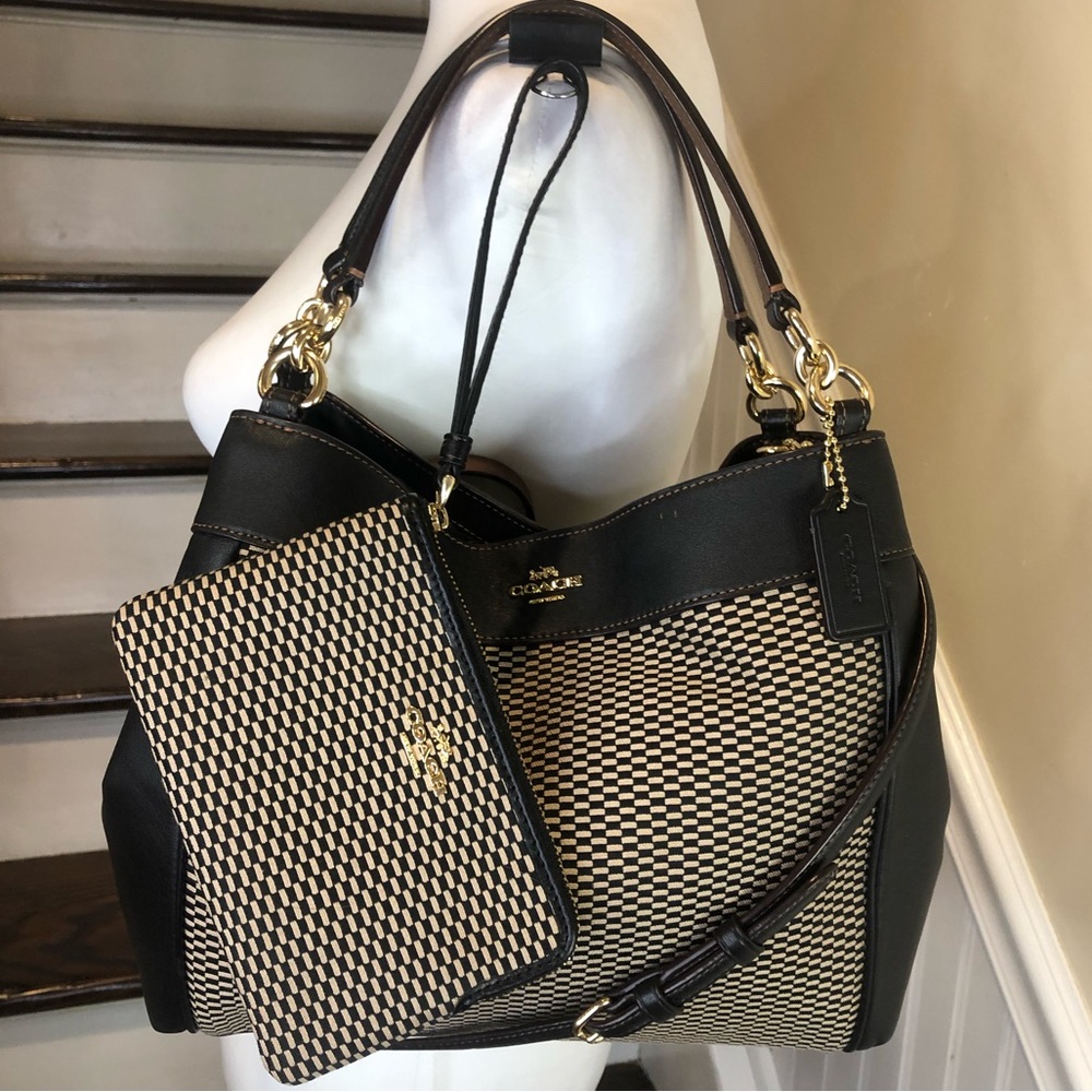 COACH Legacy Black Phoebe Jacquard Leather Shoulder Bag with Crossbody Strap